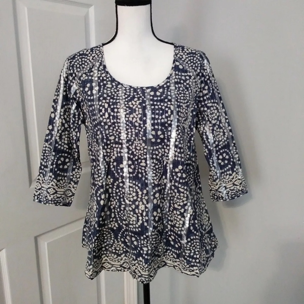Sabine Boho Hippie Blue Silver Shiny 3/4 Sleeve Lightweight NWT Blouse Small